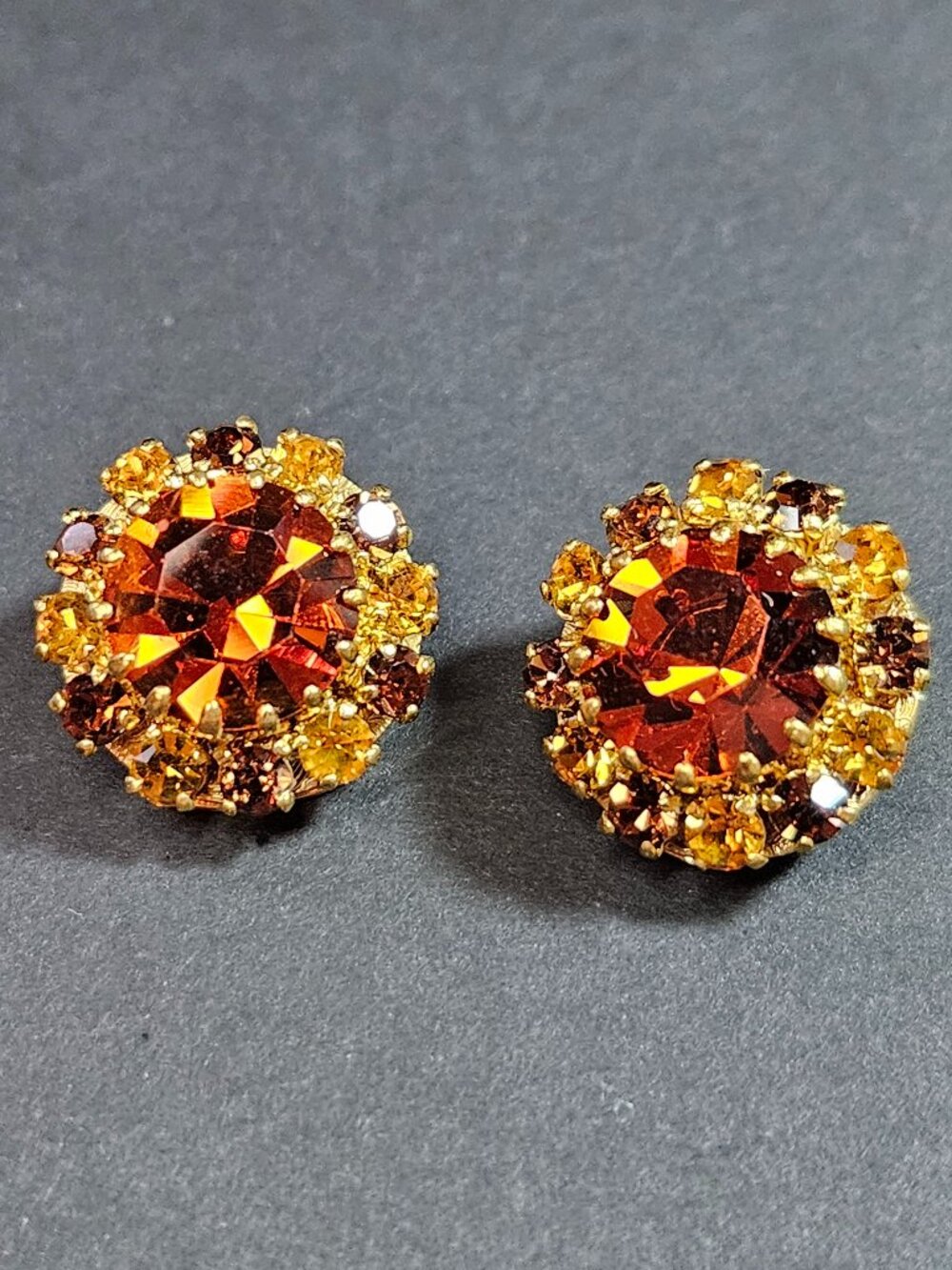 Vintage Mid-Century Amber Toned Rhinestone Clip-on Earrings